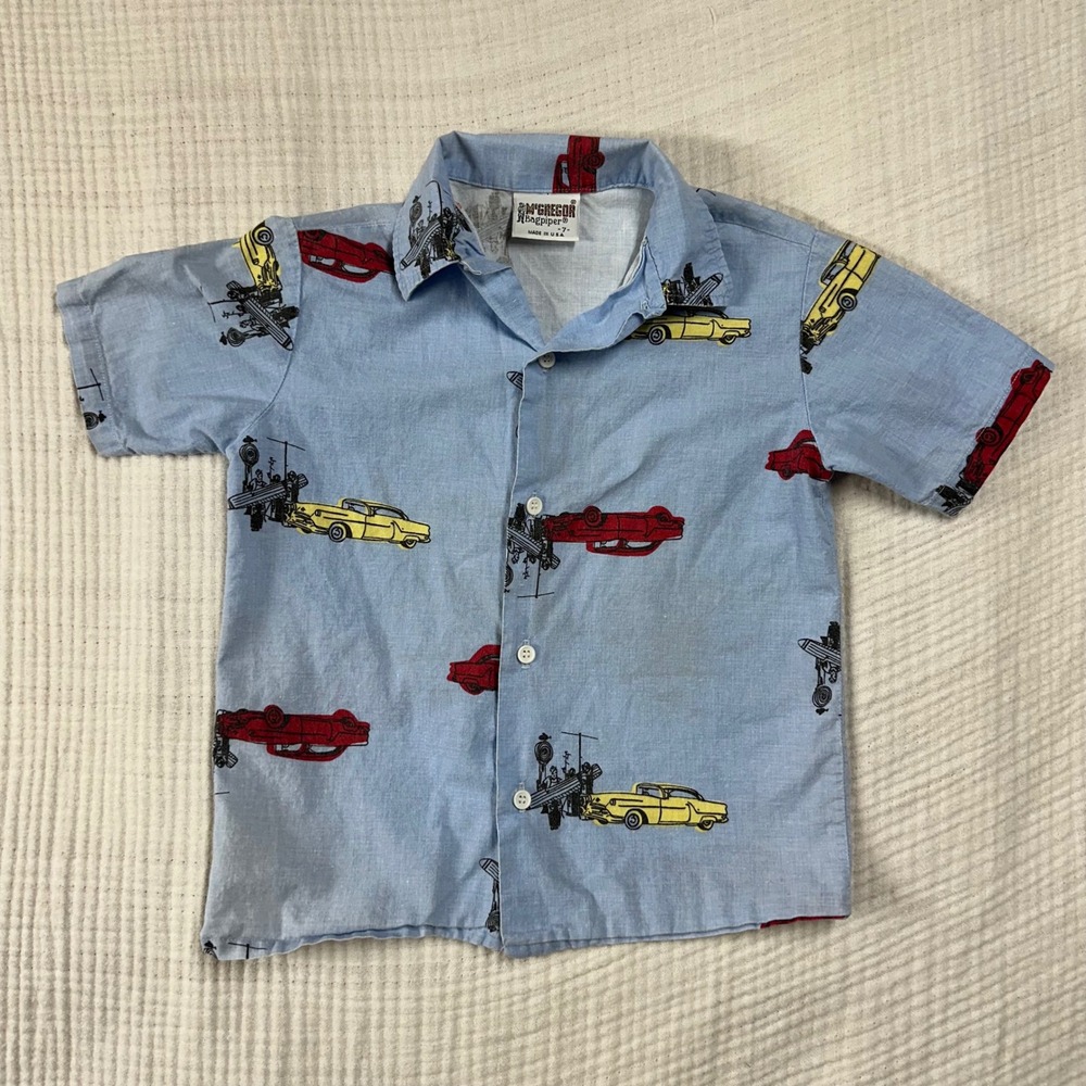 VTG McGregor Bagpiper Button Up Shirt Size 7 youth Vintage cars Surfboards Retro